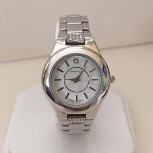 Silver tone watch with crystal accents